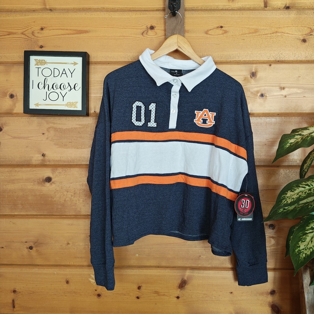 NWT Auburn Tigers AU Colosseum Collar Crop Top Collegiate Fan Shirt Relaxed Sz L